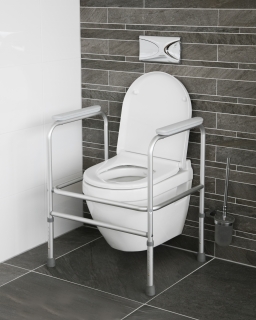 Toilet frame Atlantis - Height adjustable aluminium frame with comfortable<br />
armrests. Including anti-slip rubber caps.<br />
The lightweight toilet frame is a free standing<br />
model that can be positioned round the toilet bowl<br />
to assist the user in standing.<br />
